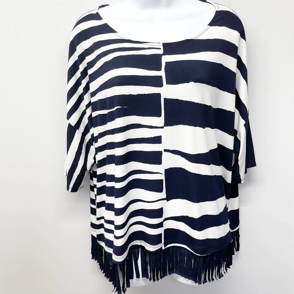 Chico’s Size 3 Striped Fringe Hem Navy & White Top